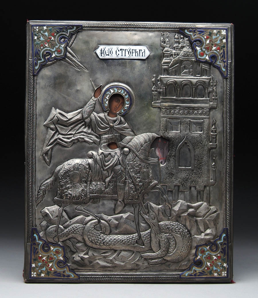 Appraisal: RUSSIAN OVERLAID ICON DEPICTING ST GEORGE SLAYING THE DRAGON Silver