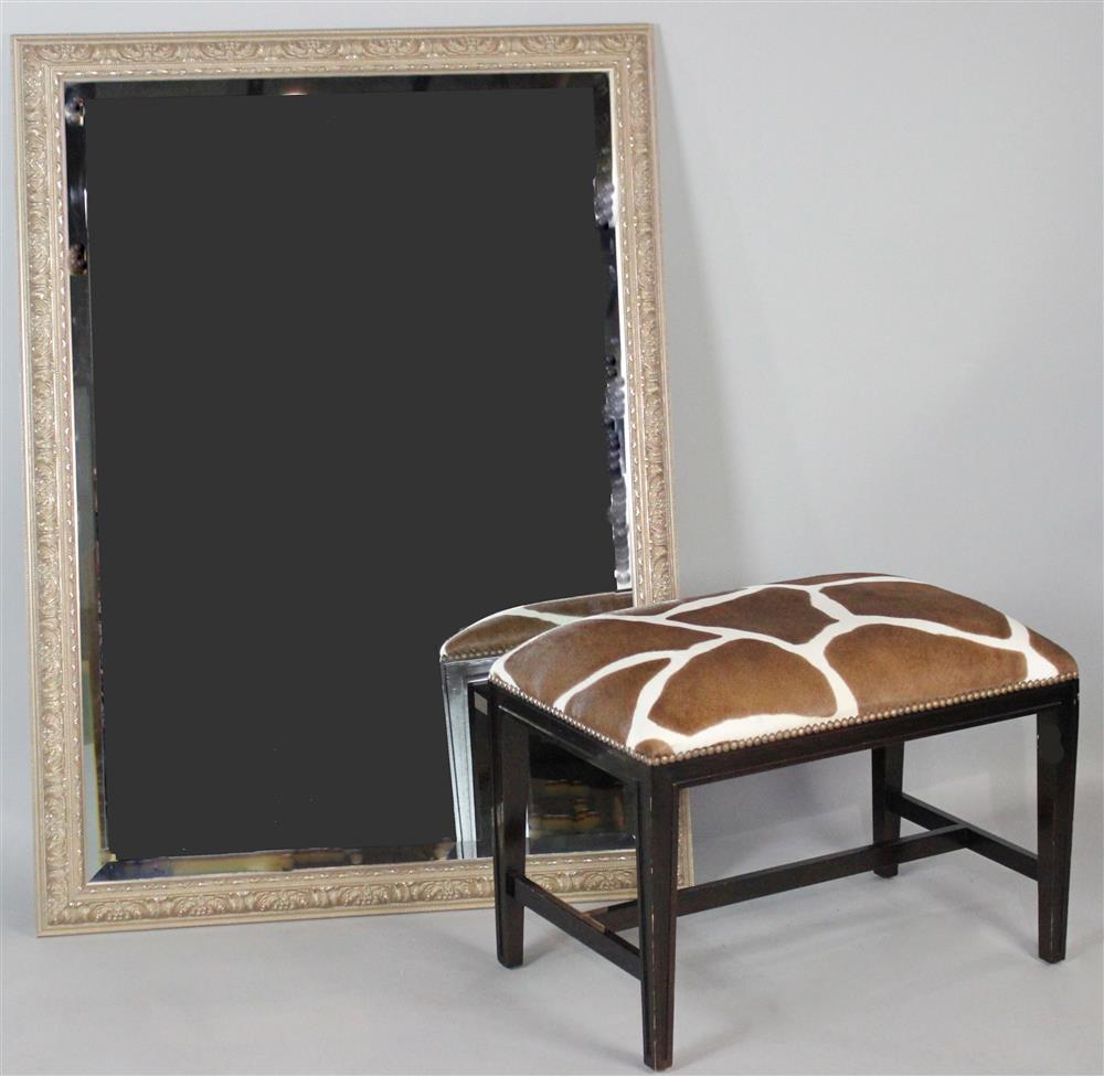 Appraisal: FRAMED BEVELED MIRROR TOGETHER WITH A COWHIDE COVERED STOOL