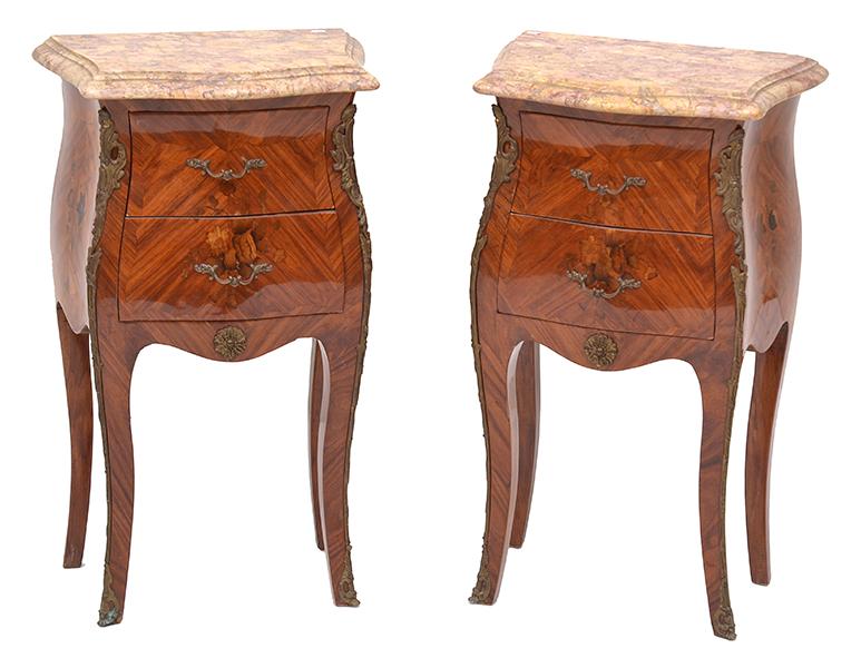 Appraisal: A PAIR OF LOUIS XV STYLE MARQUETRY INLAID BEDSIDE CABINETS