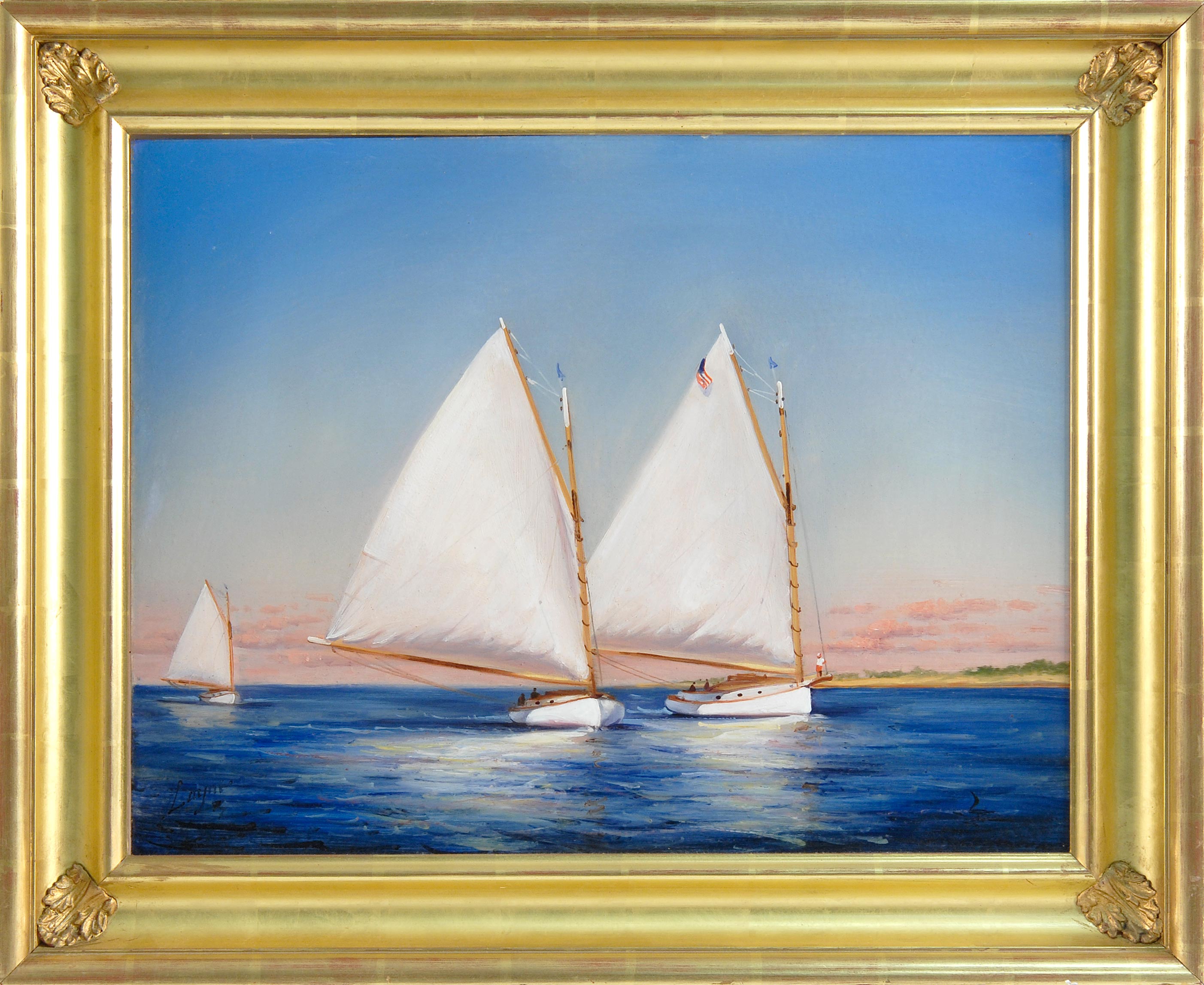 Appraisal: PETER LAYNE ARGUIMBAUAmerican ContemporaryCatboats off a sunset-drenched coast Signed lower