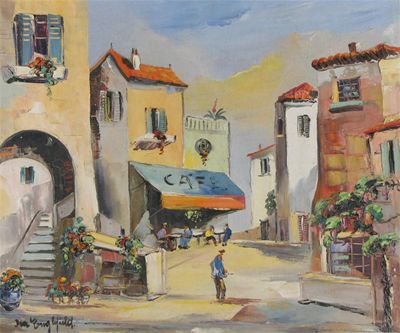 Appraisal: Ira Englefield b Village scene with Caf France Signed Oil