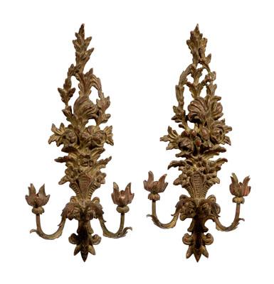 Appraisal: Pair rococo style gilt wood sconces each with two metal