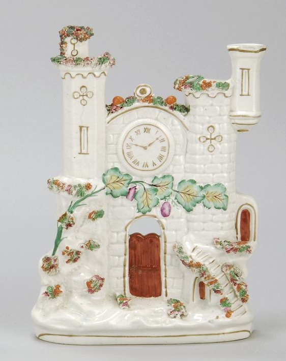 Appraisal: STAFFORDSHIRE CASTLE CLOCK FIGURE Circa Castle with two turrets and