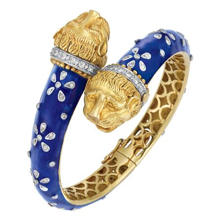 Appraisal: Gold Blue Enamel and Diamond Animal Head Crossover Bangle Bracelet