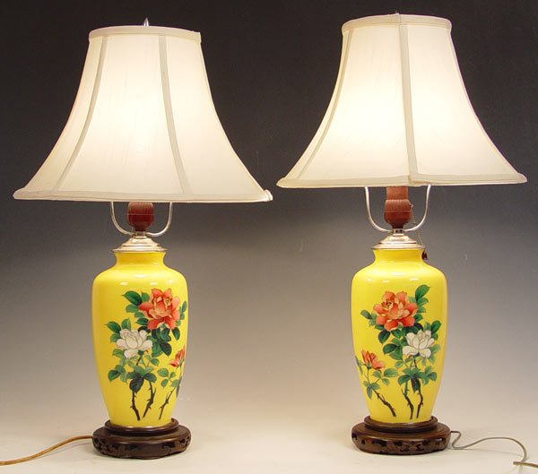 Appraisal: PAIR CHINESE YELLOW CLOISONNE VASE LAMPS Floral design on yellow