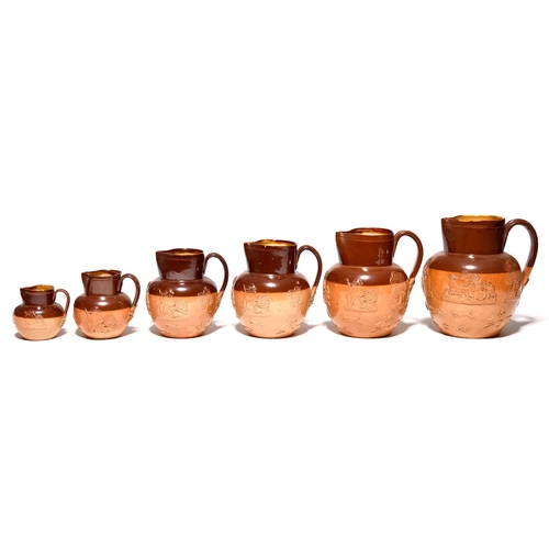 Appraisal: Six graduated Doulton saltglazed brown stoneware hunting jugs late th