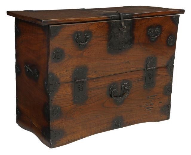 Appraisal: Korean iron-mounted elm zelkova keyaki storage chest bandaji single-board top