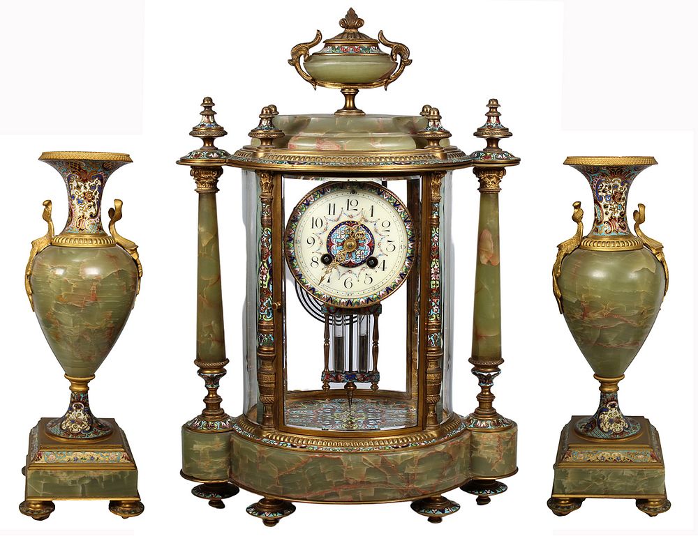 Appraisal: Important Tiffany Co Champleve Pc Clock Set Important Tiffany Co