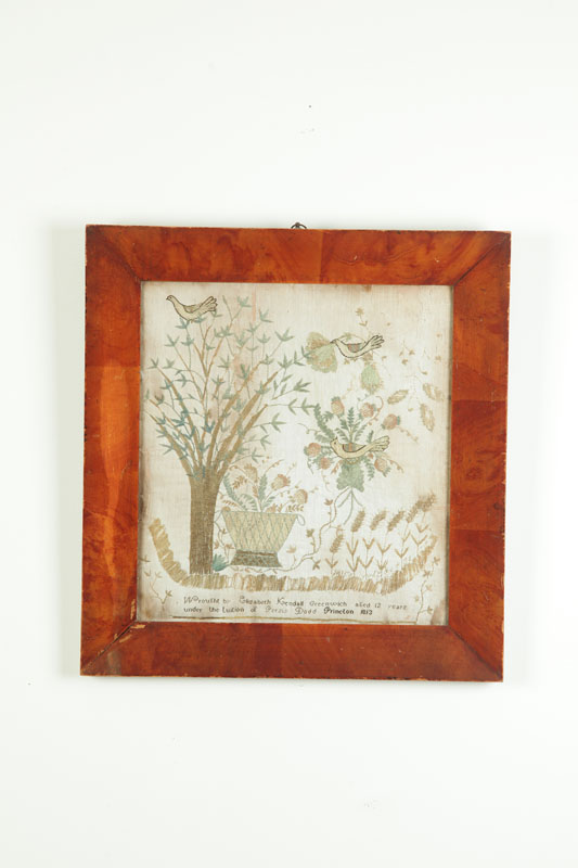 Appraisal: MASSACHUSETTS NEEDLEWORK Silk on linen Signed ''Wrought by Elizabeth Kendall