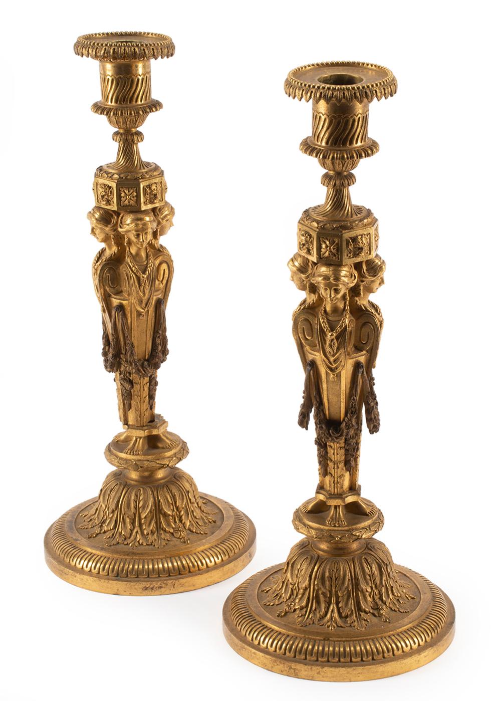 Appraisal: Pair of French Neoclassical Gilt Bronze Figural Candlesticks early th