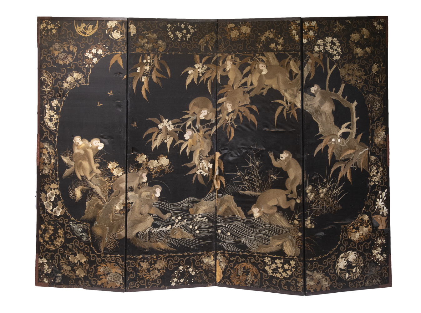 Appraisal: JAPANESE TH C EMBROIDERED FOLDING SCREEN WITH MONKEYS Four Panel