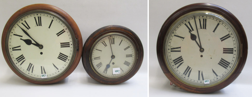 Appraisal: THREE ROUND GALLERY WALL CLOCKS English th century and inch