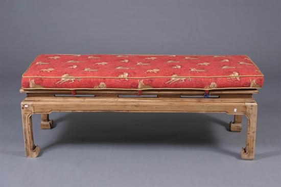 Appraisal: CHINESE ELMWOOD BENCH Rectangular top above beaded skirt with upholstered