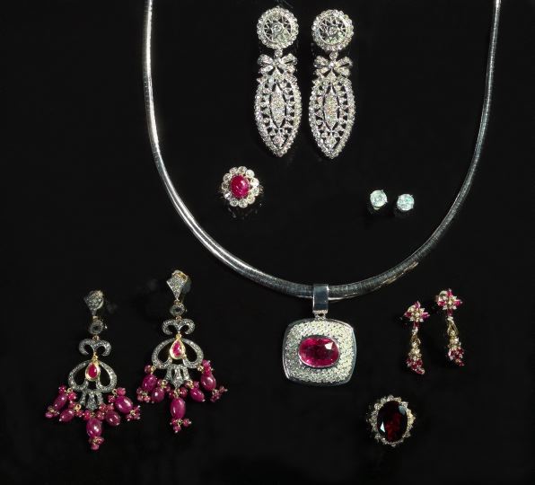 Appraisal: Pair of Fourteen-Karat Yellow Gold and Ruby and Diamond Art