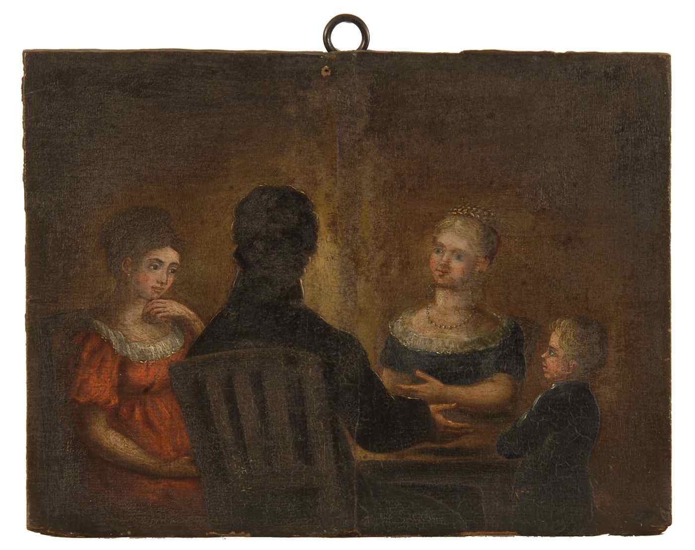 Appraisal: UNFRAMED PAINTINGEnglish th CenturyA family seated at a table Unsigned