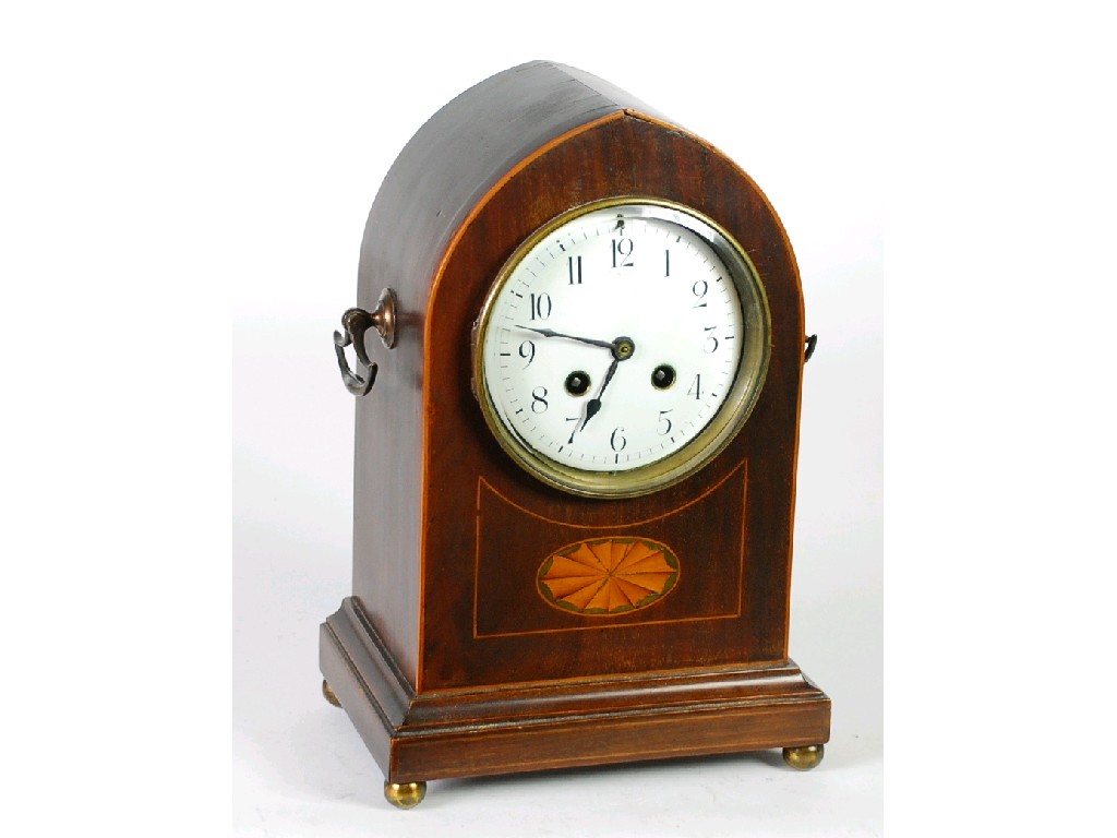 Appraisal: EDWARDIAN INLAID MAHOGANY MANTEL CLOCK the enamelled Arabic dial powered