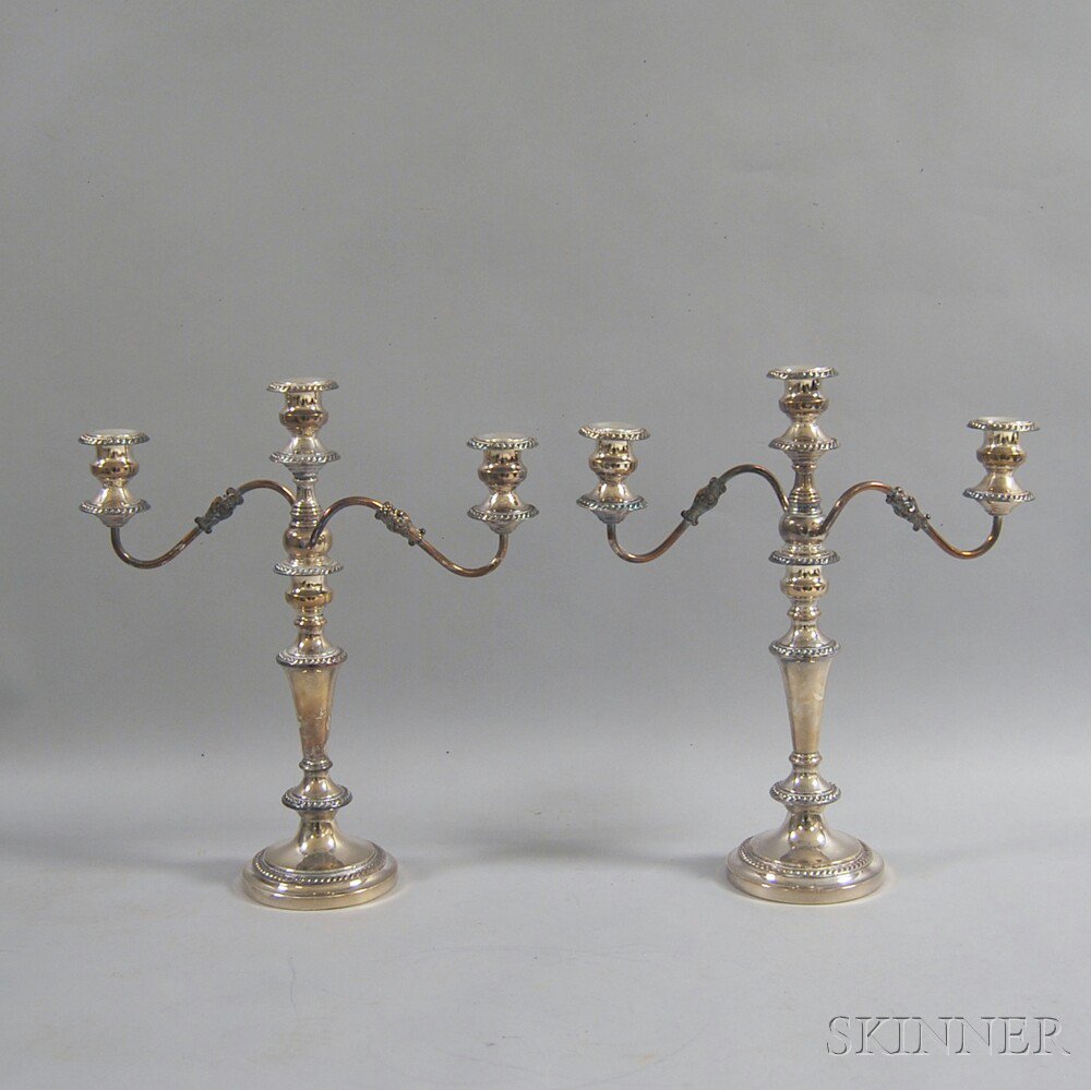 Appraisal: Pair of Sheffield Silver-plated Convertible Three-light Candelabra with bands of