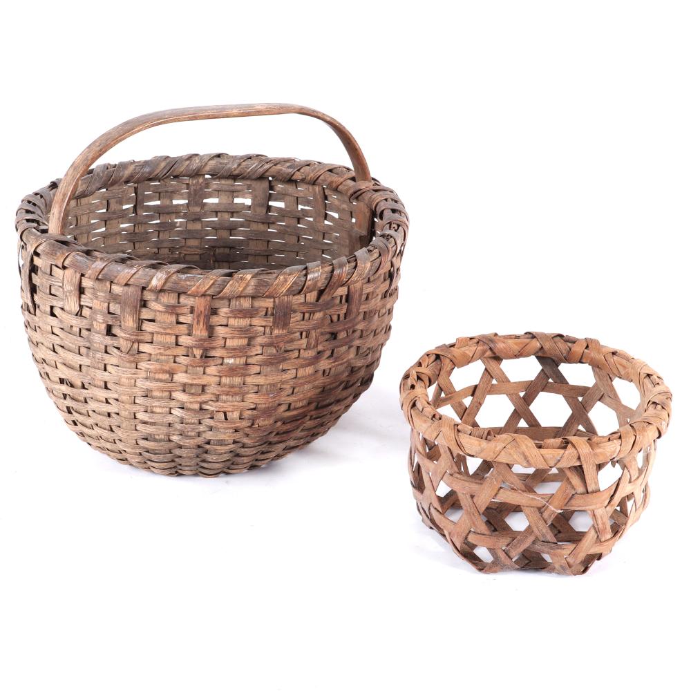 Appraisal: TWO VINTAGE BASKETS OPEN WEAVE CHEESE BASKET AND LARGE WEATHERED