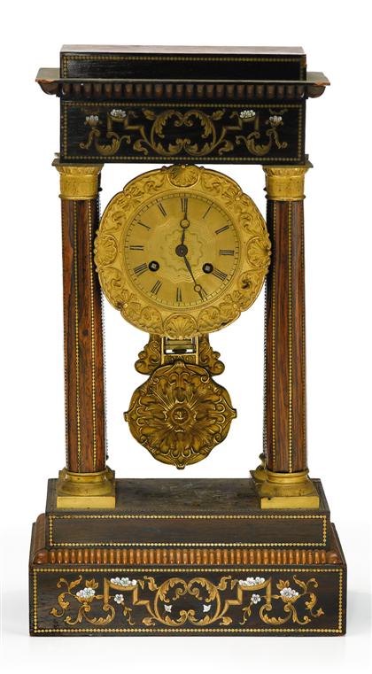 Appraisal: French Empire style rosewood and brass inlay portico clock late