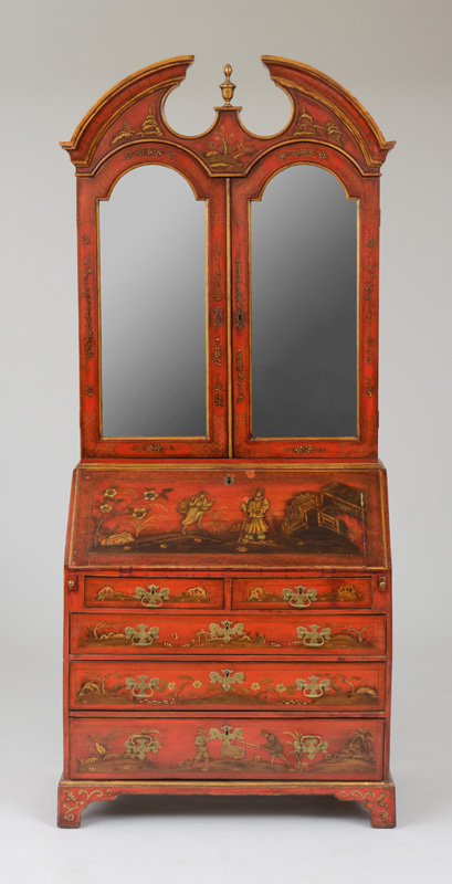 Appraisal: GEORGE II RED JAPANNED SLANT-FRONT SECRETARY The upper section with