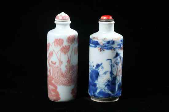 Appraisal: TWO CHINESE COPPER RED AND WHITE PORCELAIN ROULEAU SNUFF BOTTLES