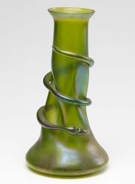 Appraisal: ART GLASS VASE In green opalescent glass with applied coiled