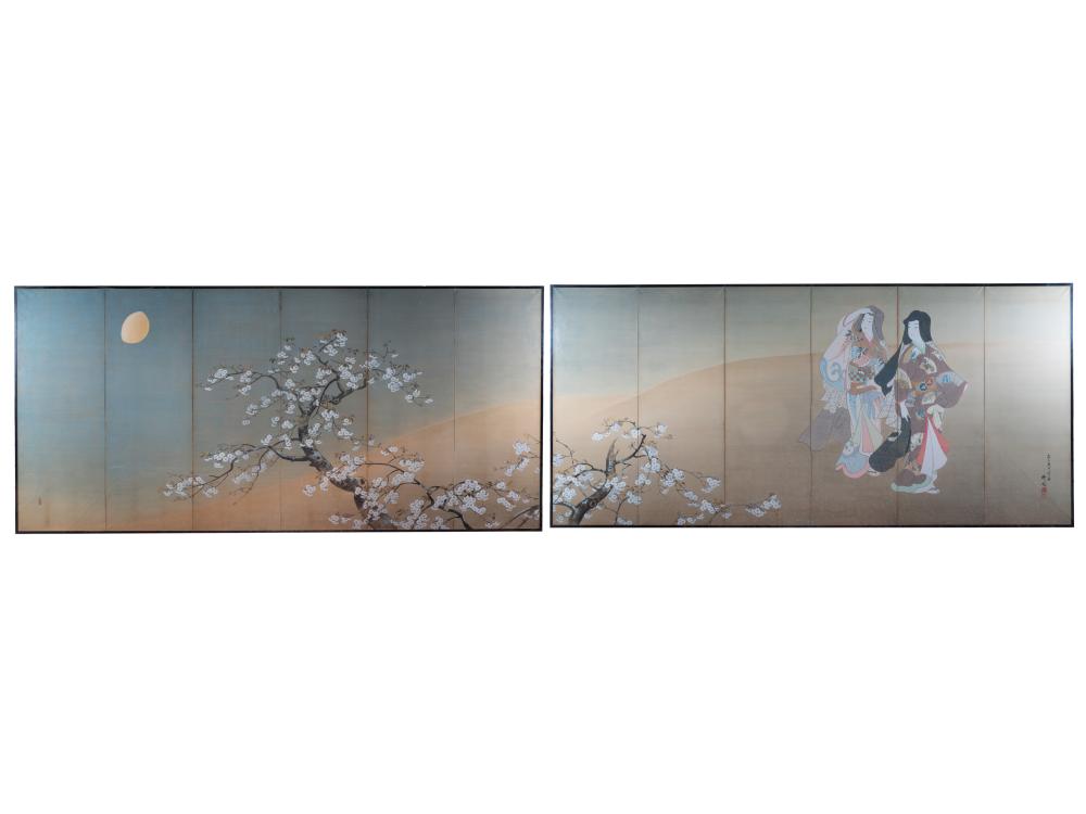 Appraisal: PAIR OF JAPANESE SIX-PANEL SCREENSstamped lower left together depicting a