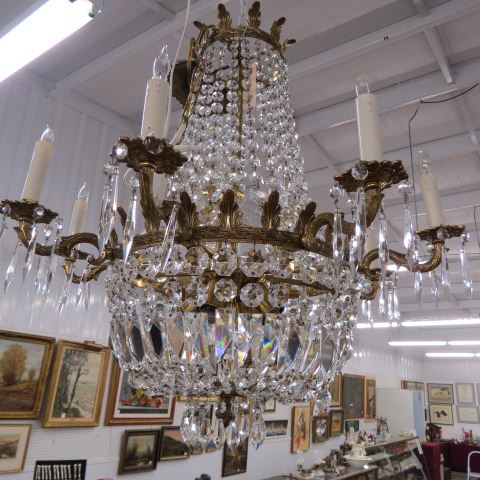 Appraisal: Brass Crystal Chandelier eight light elegant cut systals and swags