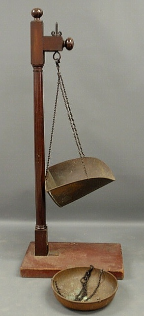 Appraisal: Brass and copper scale with mahogany post h base x