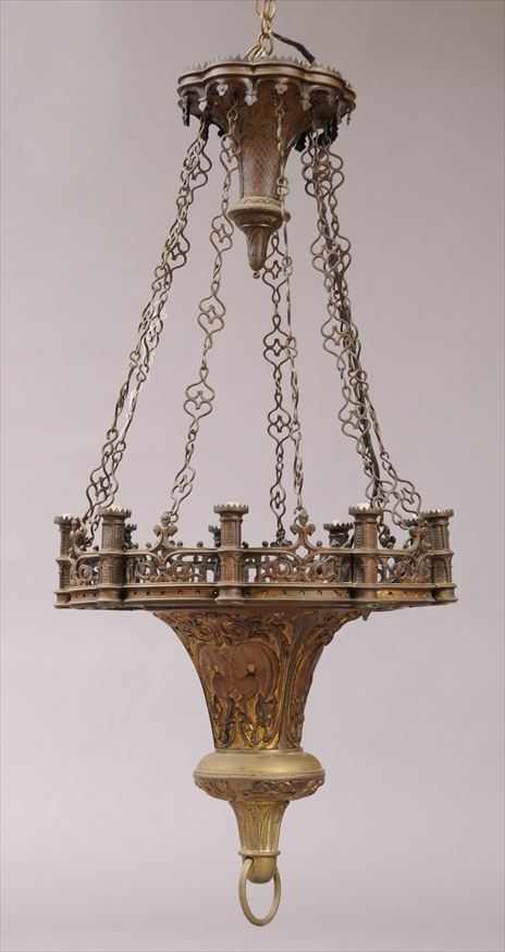 Appraisal: FRENCH GOTHIC STYLE GILT-METAL NINE-LIGHT CHANDELIER The nine-lobed pierced gallery