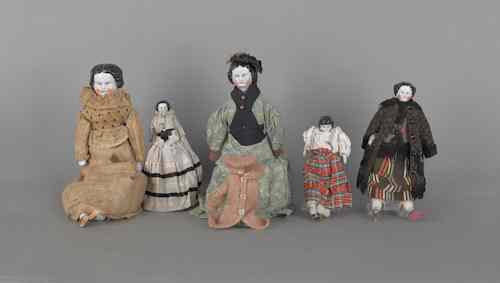 Appraisal: Five bisque molded hair dolls th th c tallest -