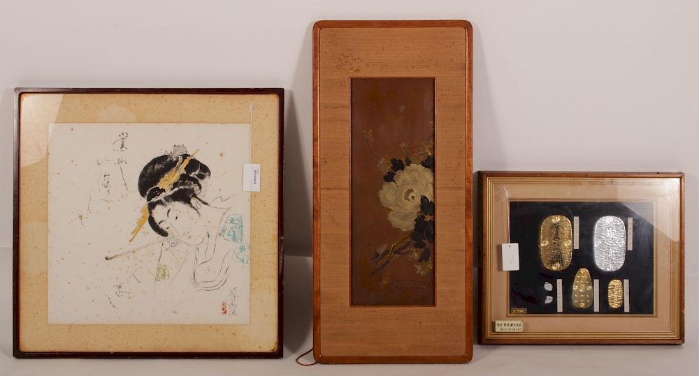 Appraisal: Japanese Framed Works Watercolor of Geisha metalic painting of flowers