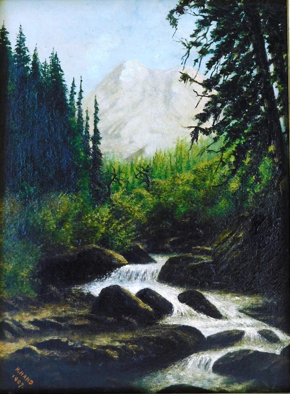 Appraisal: Oil on canvas signed H Hand landscape of stream winding