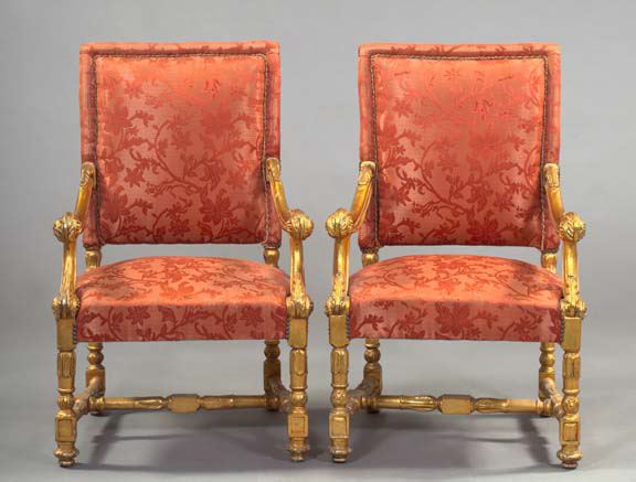 Appraisal: Pair of Regence-Style Giltwood Fauteuils each with a padded rectangular