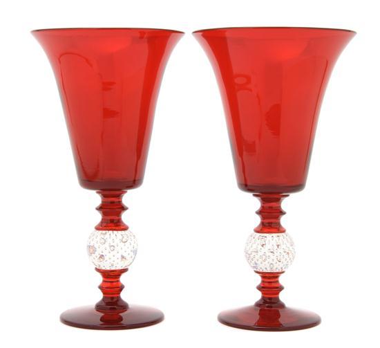 Appraisal: Pair of Ruby Red Glass Footed Vases Pairpoint the flared