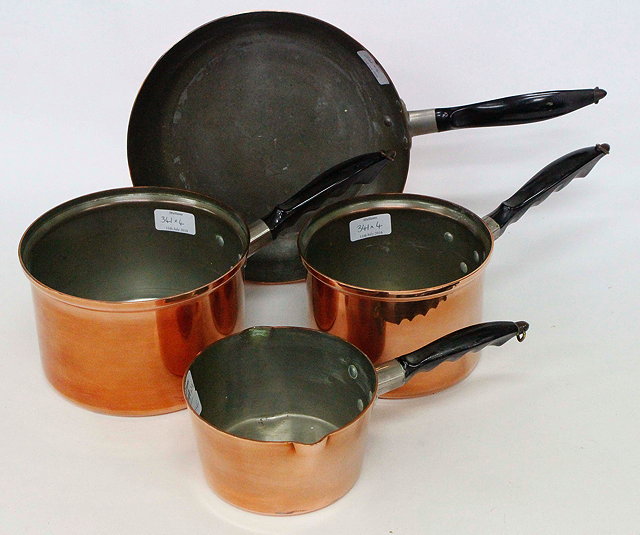 Appraisal: THREE JONART ENGLAND COPPER SAUCEPANS AND A FRYING PAN