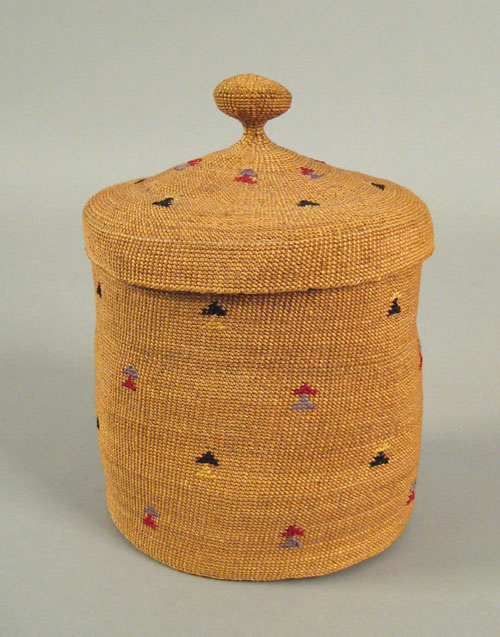 Appraisal: Northwest polychrome twined lidded basket Attu ca decorated with yarn