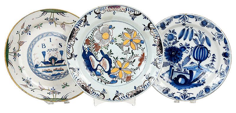 Appraisal: Three Polychrome Blue and White Delft Chargers English probably Bristol