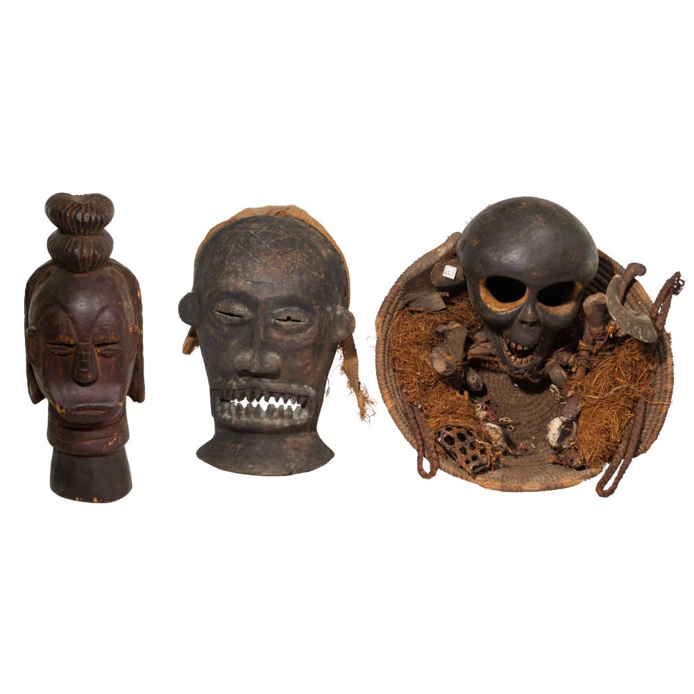 Appraisal: AFRICAN FANG CARVED WOOD RELIQUARY AND RITUAL ITEMS items including