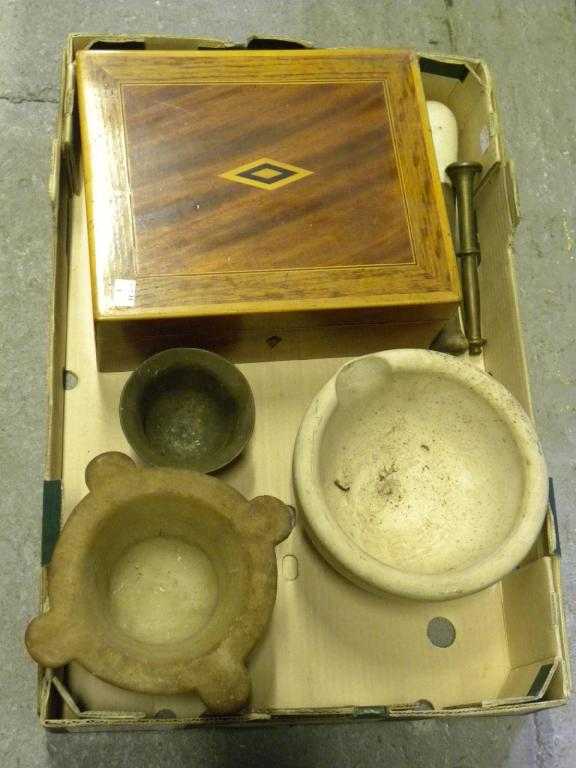 Appraisal: Three mortars of alabaster Wedgwood stoneware and bell metal two