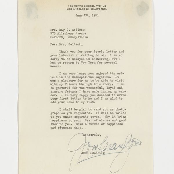 Appraisal: SIGNED LETTERS BY JOAN CRAWFORD AMERICAN - x Eleven original