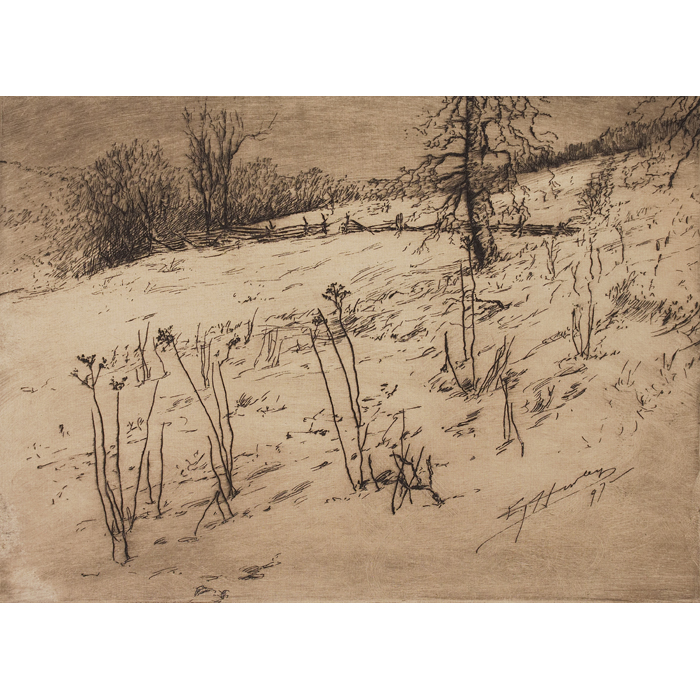 Appraisal: E T Hurley etching Rail Fence iron weeds signed printed