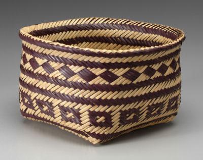 Appraisal: Double-woven river cane basket double woven bands of geometric decoration