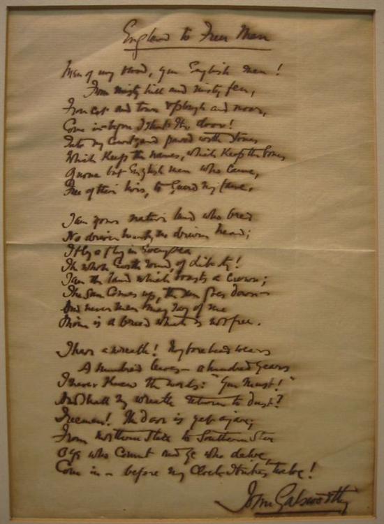 Appraisal: GALSWORTHY JOHN Autograph Poem Signed entitled England to Free Men