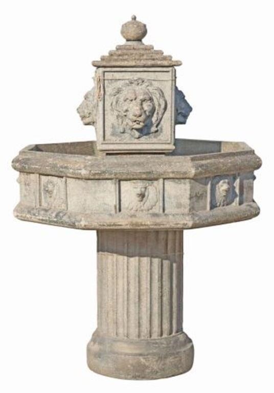 Appraisal: Large cast stone garden fountain four lion mask spouts over