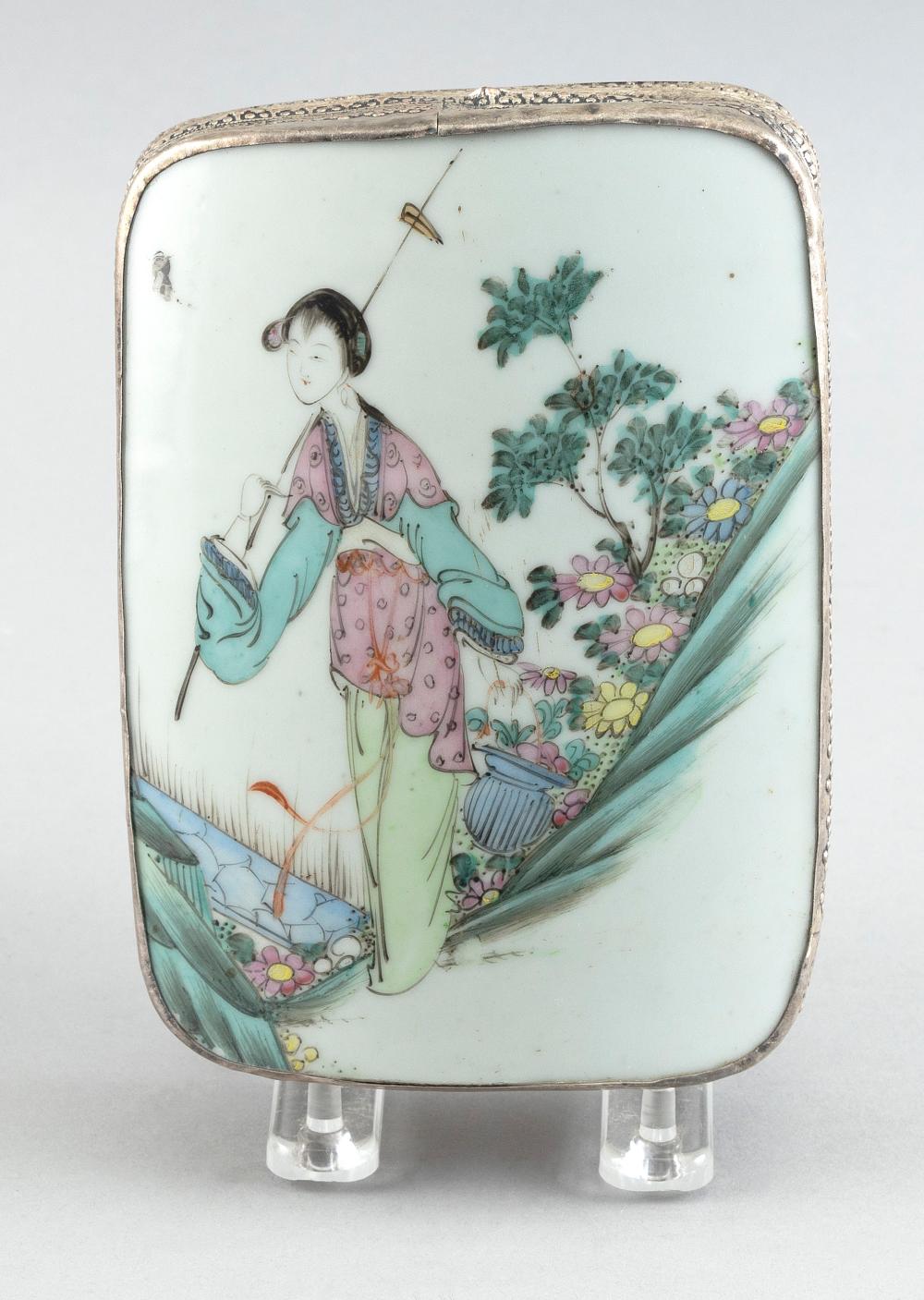 Appraisal: CHINESE FAMILLE ROSE PORCELAIN AND SILVER METAL BOX TH CENTURY