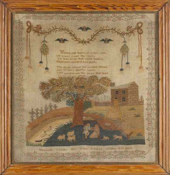 Appraisal: American Pictorial Needlework circa worked in silk on open weave