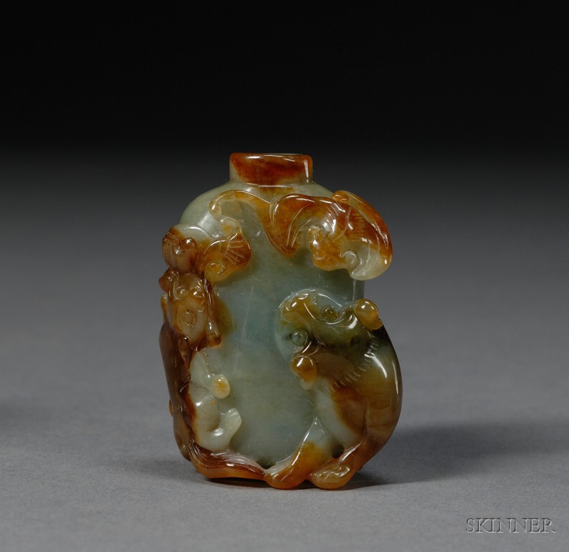 Appraisal: Jade Snuff Bottle celadon green stone with amber markings surface