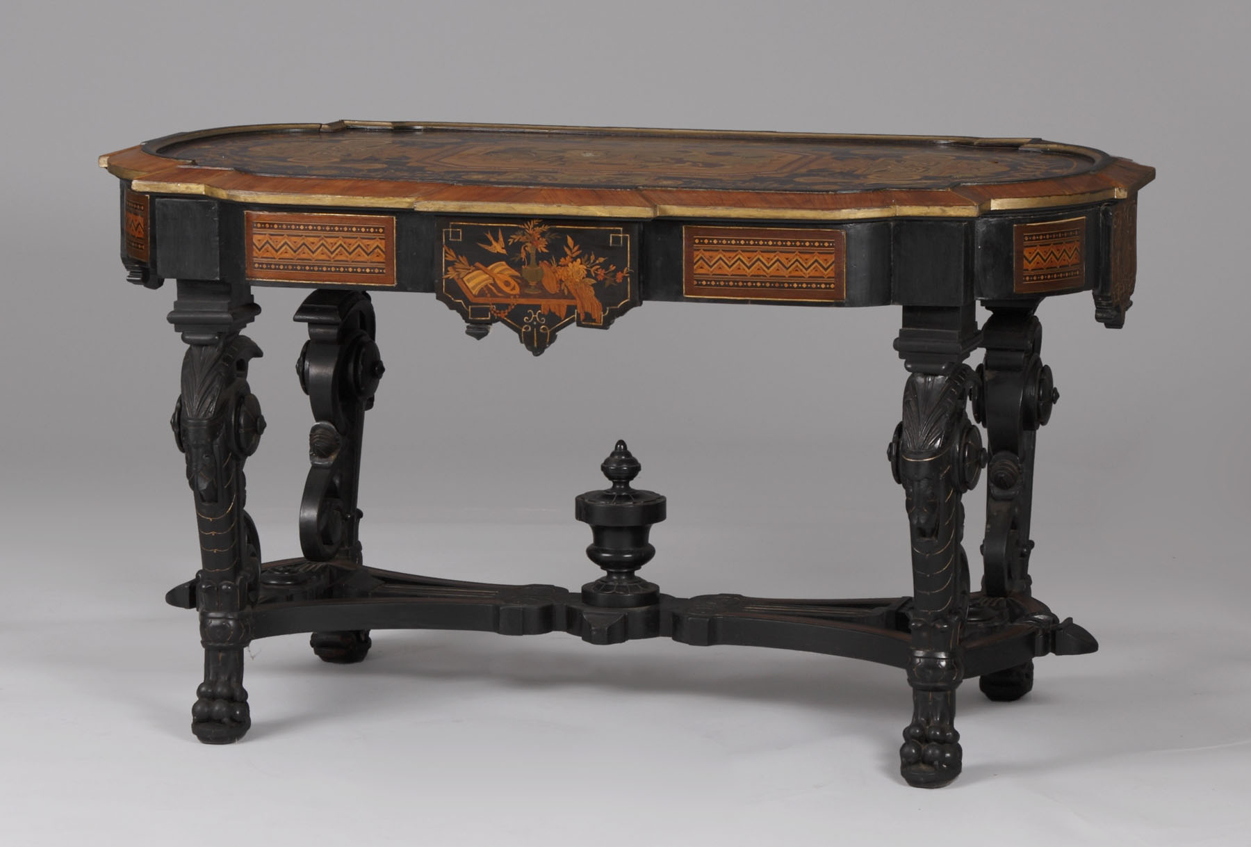 Appraisal: Fine NY Inlaid Center Table Carved ebonized inlaid herons fox