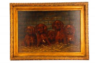 Appraisal: E Nolan Puppies Oil on Board E Nolan Likely American